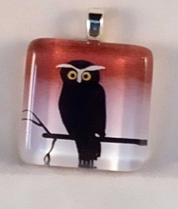 Black Owl, fused glass pendant