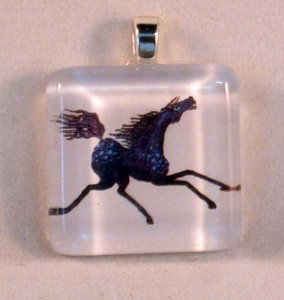 Blue horse, fused glass pendant