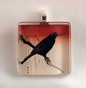 Crow painting, fused glass tile
