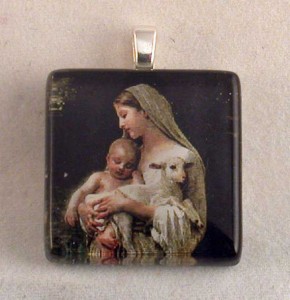 Mary and lamb painting, fused glass pendant