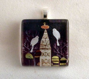 Owls painting, hand crafted fused glass pendant