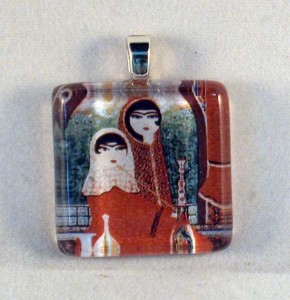 Persian ladies painting, fused glass pendant