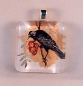 Bird eating berries painting, fused glass pendant