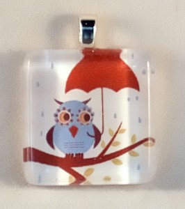 Blue owl in the rain, fused glass pendant