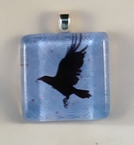 Crow in a spiderweb, fused glass pendant