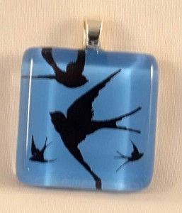 Flying Black Birds, fused glass pendant