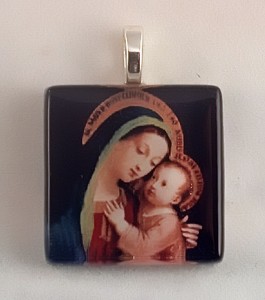 Mary and Jesus painting on fused glass pendant