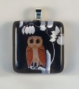 Owl black and white leaves, fused glass pendant
