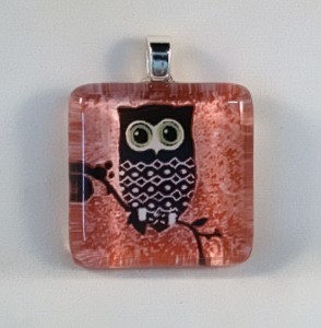 Owl in pink, fused glass pendant