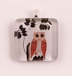 Owl painting, fired glass pendant