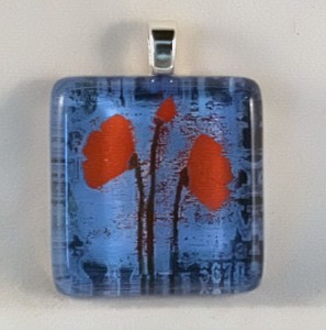 Red Poppies, fused glass pendant