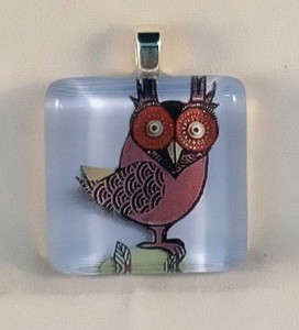 Red owl, fused glass pendant