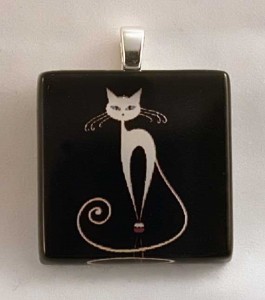 White cat art, fused glass pendant