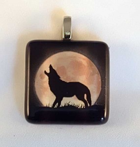 Wolf and moon, fused glass pendant